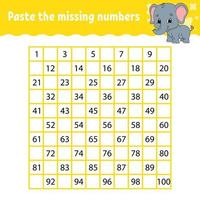 Paste the missing numbers. Handwriting practice. Learning numbers for kids. Education developing worksheet. Activity page. Game for children. Isolated vector illustration in cute cartoon style.