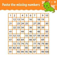 Paste the missing numbers. Handwriting practice. Learning numbers for kids. Education developing worksheet. Activity page. Game for children. Isolated vector illustration in cute cartoon style.