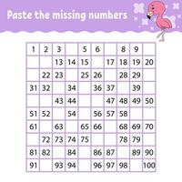 Paste the missing numbers. Handwriting practice. Learning numbers for kids. Education developing worksheet. Activity page. Game for children. Isolated vector illustration in cute cartoon style.