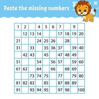 Paste the missing numbers. Handwriting practice. Learning numbers for kids. Education developing worksheet. Activity page. Game for children. Isolated vector illustration in cute cartoon style.