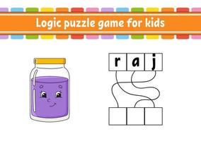 Logic puzzle game. Learning words for kids. Find the hidden name. Education developing worksheet. Activity page for study English. Game for children. Isolated vector illustration. Cartoon character.