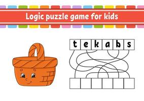 Logic puzzle game. Learning words for kids. Find the hidden name. Education developing worksheet. Activity page for study English. Game for children. Isolated vector illustration. Cartoon character.