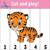 Learning numbers. Cut and play. Education developing worksheet. Game for kids. Activity page. Puzzle for children. Riddle for preschool. Flat isolated vector illustration. Cute cartoon style.