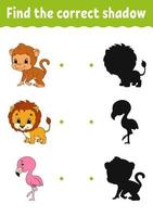 Find the correct shadow. Education developing worksheet. Matching game for kids. Activity page. Puzzle for children. Riddle for preschool. Cute character. Isolated vector illustration. Cartoon style.