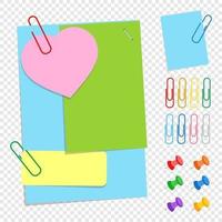 A set of colored office sticky sheets of different shapes, buttons and clips. A simple flat vector illustration isolated on a transparent background.