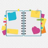 Color open notepad on rings with blank sheets and bookmarks between pages. A simple flat vector illustration isolated on a transparent background.