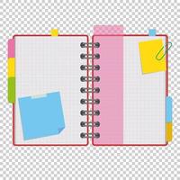 Color open notepad on rings with blank sheets and bookmarks between pages. A simple flat vector illustration isolated on a transparent background.