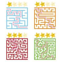 A square labyrinth with an entrance and an exit. A set of four options from simple to complex. Rated from the cute stars. Vector illustration isolated on white background. With the answer.