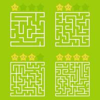 A square labyrinth with an entrance and an exit. A set of four options from simple to complex. With a rating of cute cartoon stars. Vector illustration isolated on a green background.
