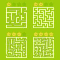 A square labyrinth with an entrance and an exit. A set of four options from simple to complex. With a rating of cute cartoon stars. Vector illustration isolated on a green background.