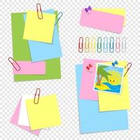 A set of colored sheets of different sizes and office clips. Lovely cartoon style. Simple flat vector illustration isolated on white background.