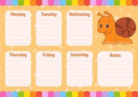 School schedule. Timetable for schoolboys. Empty template. Weekly planer with notes. Isolated color vector illustration. Funny character. Cartoon style.