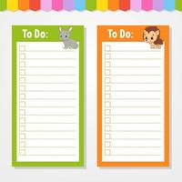 To do list for kids. Empty template. Isolated color vector illustration. Funny character. Cartoon style. For the diary, notebook, bookmark.