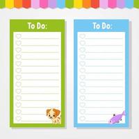 To do list for kids. Empty template. Isolated color vector illustration. Funny character. Cartoon style. For the diary, notebook, bookmark.