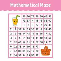 Mathematical maze. Game for kids. Number labyrinth. Education developing worksheet. Activity page. Puzzle for children. Cartoon characters. Riddle for preschool. Color vector illustration