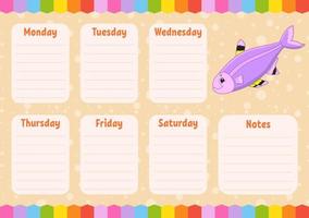 School schedule. Timetable for schoolboys. Empty template. Weekly planer with notes. Isolated color vector illustration. Funny character. Cartoon style.