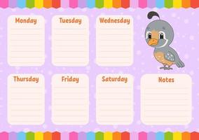 School schedule. Timetable for schoolboys. Empty template. Weekly planer with notes. Isolated color vector illustration. Funny character. Cartoon style.