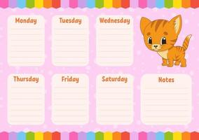 School schedule. Timetable for schoolboys. Empty template. Weekly planer with notes. Isolated color vector illustration. Funny character. Cartoon style.