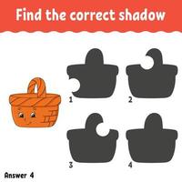 Find the correct shadow. Education developing worksheet. Matching game for kids. Activity page. Puzzle for children. Riddle for preschool. Cute character. Isolated vector illustration. Cartoon style.