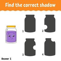 Find the correct shadow. Education developing worksheet. Matching game for kids. Activity page. Puzzle for children. Riddle for preschool. Cute character. Isolated vector illustration. Cartoon style.