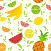 Colorful seamless pattern of appetizing tropical fruits on a white background. Simple flat vector illustration. For the design of paper wallpaper, fabric, wrapping paper, covers, web sites.