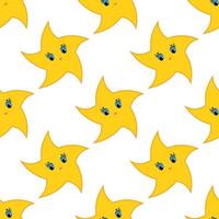 Colorful seamless pattern of cute yellow stars on a white background. Simple flat vector illustration. For the design of paper wallpaper, fabric, wrapping paper, covers, web sites.