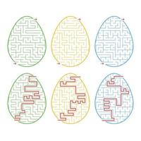 A set of labyrinths in the form of eggs. A stroke of different colors. A game for children. With the answer. Simple flat vector illustration isolated on white background.