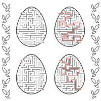 A set of labyrinths in the form of eggs. Black Stroke. A game for children. With the answer. Simple flat vector illustration isolated on white background.