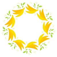 Round wreath of yellow appetizing bananas with green leaves Simple flat vector illustration.