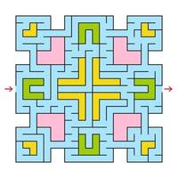 Colorful square fantastic labyrinth with an input and an exit. Simple flat vector illustration isolated on white background.