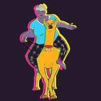 Neon illustration of an old heavy woman riding a camel with shaking legs. Funny vector of a grandma on vacation having fun traveling on the back of a dromedary.