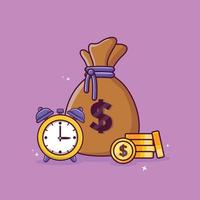 money bag, cash coins, money and clock. payment icon cartoon. time is money background concept. vector