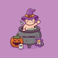 cute baby inside cauldron. happy halloween flat vector cartoon design