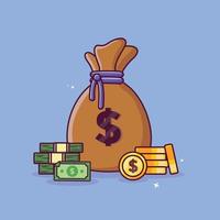 money bag, cash coins, money and clock. payment icon cartoon. time is money background concept. vector