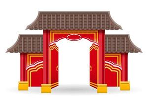 Puerta china para ingresar a un templo o pagoda con columnas y una ilustración de vector de techo aislado en el fondo