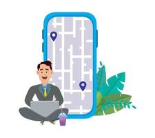 Using mobile and computer application with map . vector