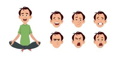 Young man character with different type of facial expression . vector