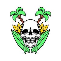 Skull hesd with surfboards, flowers and palm trees vector