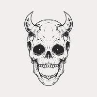 Cráneo monocromático vintage con cuerno de diablo en la ilustración de la frente