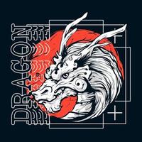 dragon head illustration with red sun in japanese style vector