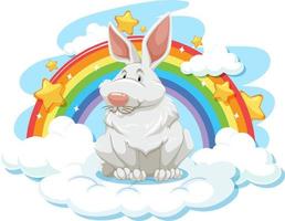 lindo conejo en la nube con arcoiris vector