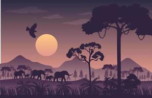 Silhouette twilight forest landscape background vector