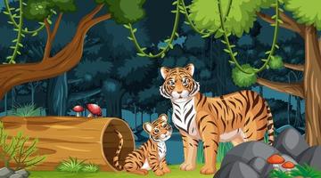 familia de tigre en el fondo del paisaje forestal vector