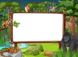 Blank banner in the rainforest scene with wild animals vector