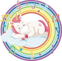 Unicorn in rainbow round frame with melody symbol vector