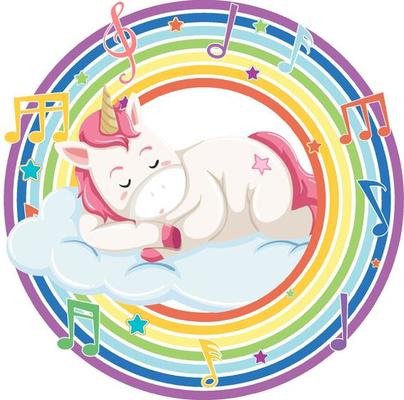 Unicorn in rainbow round frame with melody symbol