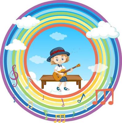 Happy girl playing guitar in rainbow round frame with melody symbol