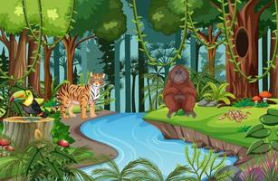 Nature scene with stream flowing through the forest with wild animals vector