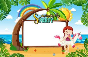Empty banner board in the beach scene with cartoon character vector