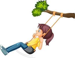 Girl Sitting on swing hanging on tree branch vector